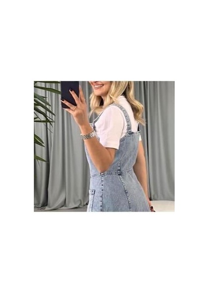 Kadın Boydan Düğmeli Cepli Askılı Midi Boy Denim Elbise fiyatları