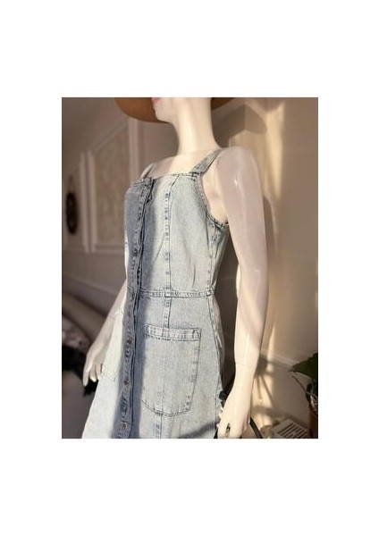 Kadın Boydan Düğmeli Cepli Askılı Midi Boy Denim Elbise fırsatları