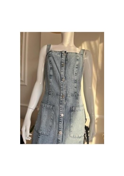 Kadın Boydan Düğmeli Cepli Askılı Midi Boy Denim Elbise indirimleri
