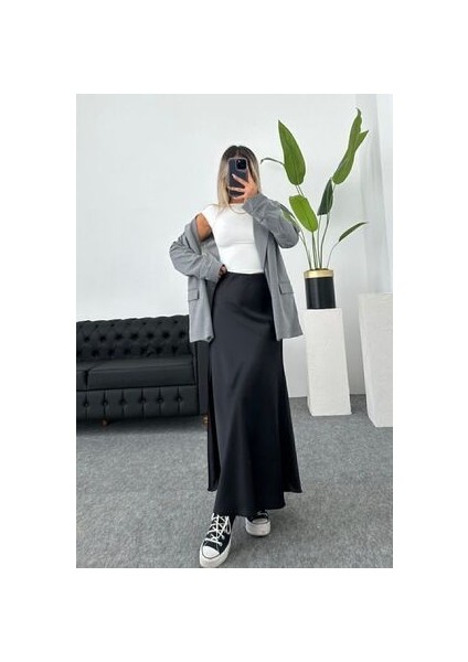 Saten Kumaş Beli Lastikli Uzun Etek