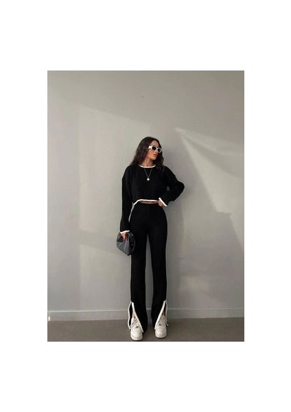 Siyah Oversize Yırtmaç Detaylı Bisiklet Yaka Triko Alt-Üst Takım