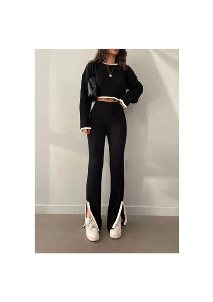 Siyah Oversize Yırtmaç Detaylı Bisiklet Yaka Triko Alt-Üst Takım fiyatları