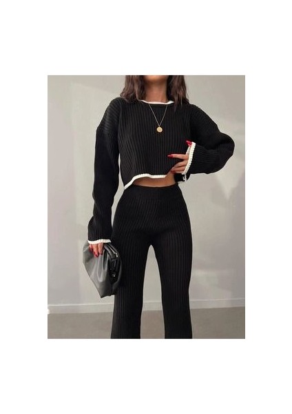 Siyah Oversize Yırtmaç Detaylı Bisiklet Yaka Triko Alt-Üst Takım modelleri