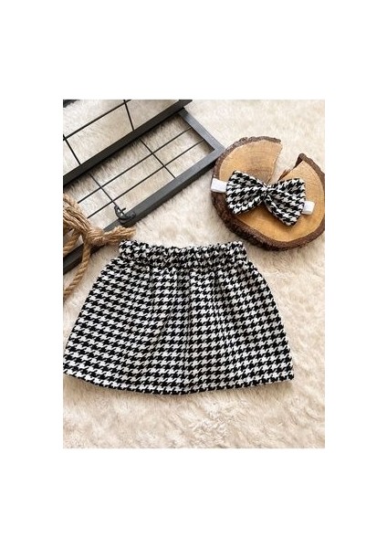 Bebek Siyah Kazayagu Etek ve Bandana Seti Houndstooth Desenli Kadın Aksesuar