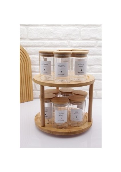 Bambu Döner Stant'lı 12'lü Bambu Vakum Kapak Cam Baharatlık Seti 300ML