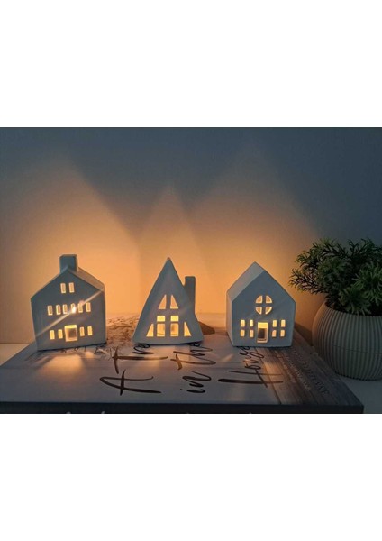 3'lü dekoratif beton mumluk seti, beyaz, ev şekli, tealight mumlar dahil