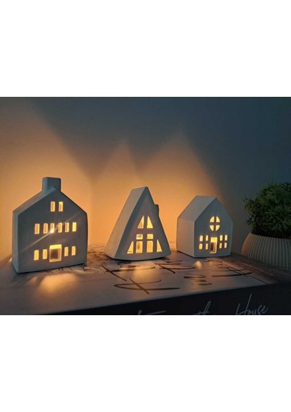 3'lü dekoratif beton mumluk seti, beyaz, ev şekli, tealight mumlar dahil fiyatları