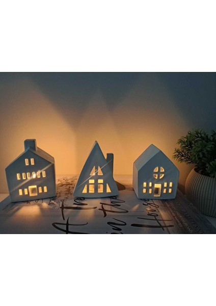 3'lü dekoratif beton mumluk seti, beyaz, ev şekli, tealight mumlar dahil fırsatları