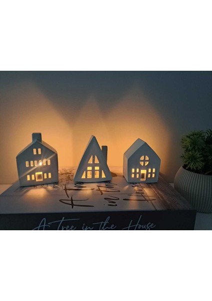 3'lü dekoratif beton mumluk seti, beyaz, ev şekli, tealight mumlar dahil indirimleri