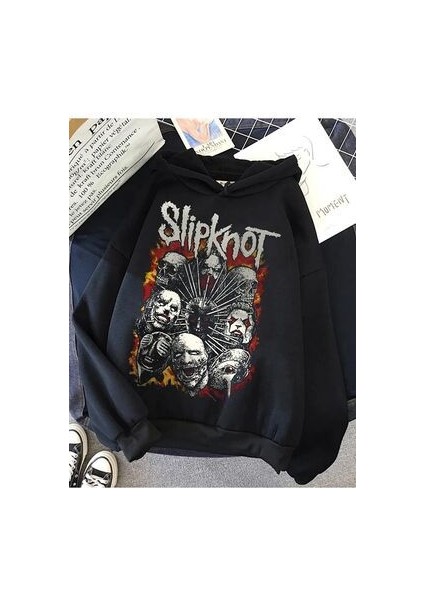 Slipknot Baskılı Siyah Kapşonlu Sweatshirt Unisex