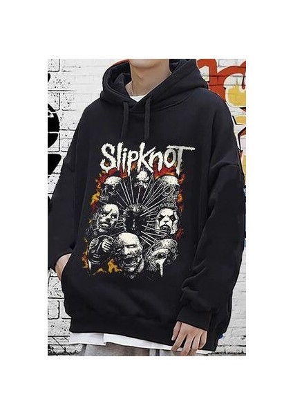 Slipknot Baskılı Siyah Kapşonlu Sweatshirt Unisex