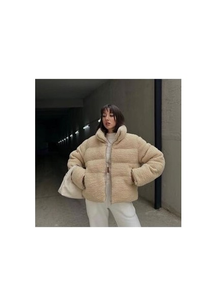 Bej Peluş Şişme Mont
