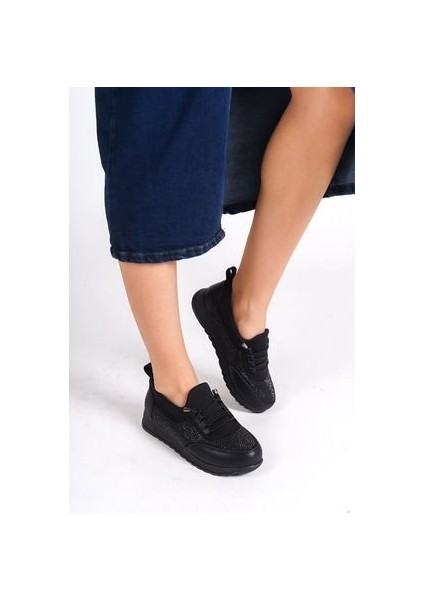 Rosa Bağcıklı Lastikli Ortopedik Rahat Taban Cilt Taş Detaylı Babet Anne Ayakkabısı St Siyah indirimleri