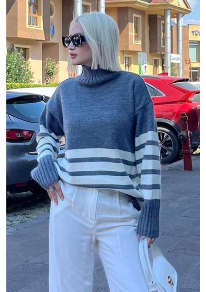 Gri Oversize Balıkçı Yaka Çizgili Kazak MG2168 indirimleri