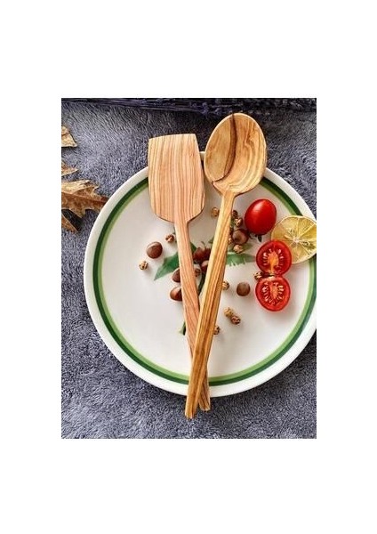 Ahşap Zeytin Ağacı El Yapımı Tahta Servis Kaşık ve Spatula Servis Seti Yemek Kaşığı Mutfak Gereçleri