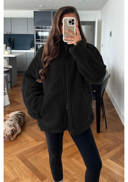 Siyah Dik Yakalı Cepli Peluş Mont MG1966