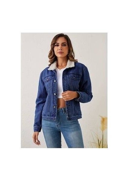 Kadın Içi Kürklü Slim Fit Kot Ceket Mavi