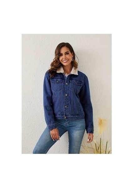 Kadın Içi Kürklü Slim Fit Kot Ceket Mavi modelleri