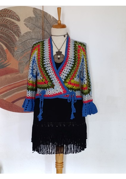 Hippybutik Mavi Yeşil Kırmızı Çok Renkli Kruvaze Mini Crop Astarsız Mevsimlik Hırka / Bluz