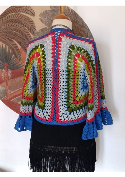 Hippybutik Mavi Yeşil Kırmızı Çok Renkli Kruvaze Mini Crop Astarsız Mevsimlik Hırka / Bluz