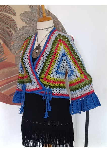 Hippybutik Mavi Yeşil Kırmızı Çok Renkli Kruvaze Mini Crop Astarsız Mevsimlik Hırka / Bluz