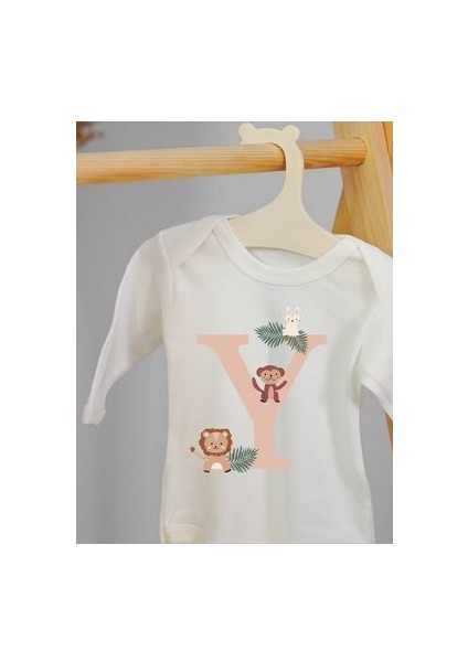 Uzun Kollu %100 Pamuklu Y Harfli Hayvan Tasarımlı Bebek Body Zıbın