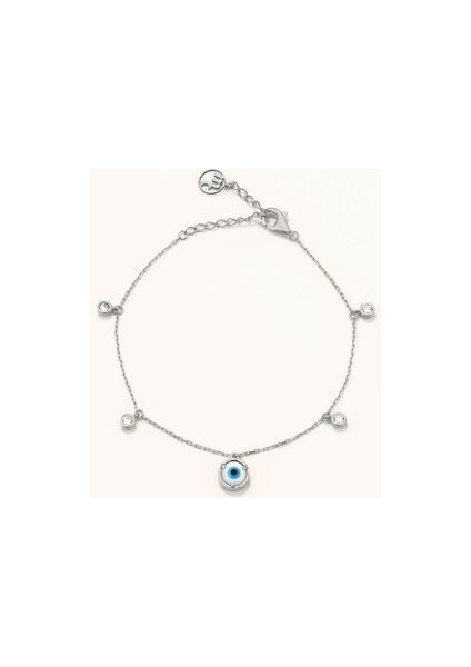 18 Ayar Beyaz Altın Kaplama Gümüş Sallantılı Taşlı Göz Nazar Boncuklu Bileklik Shine Koleksiyon