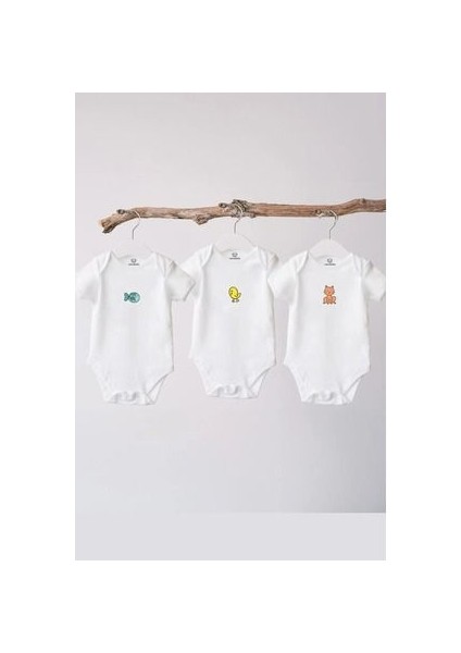 %100 Pamuklu Bebek Body - 3'lü Sevimli Hayvanlar Set - Bebek Zıbın Badi