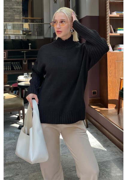 Siyah Yarım Balıkçı Yaka Fitil Detaylı Kadın Kazak MG2156 fiyatları