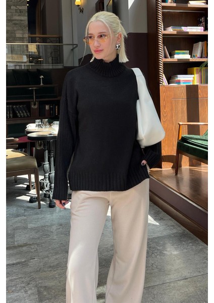 Siyah Yarım Balıkçı Yaka Fitil Detaylı Kadın Kazak MG2156 modelleri