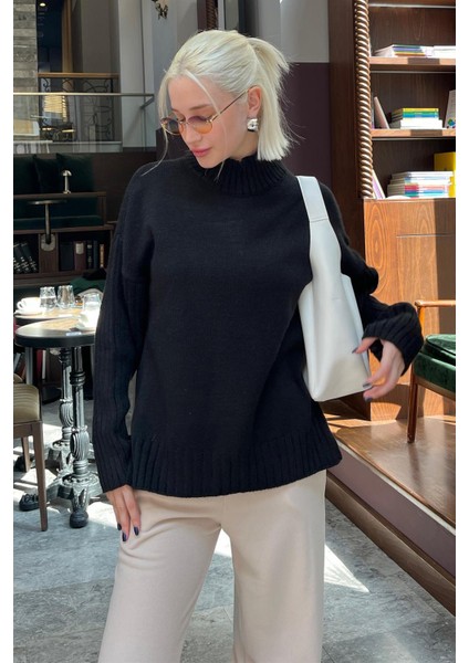 Siyah Yarım Balıkçı Yaka Fitil Detaylı Kadın Kazak MG2156 indirimleri