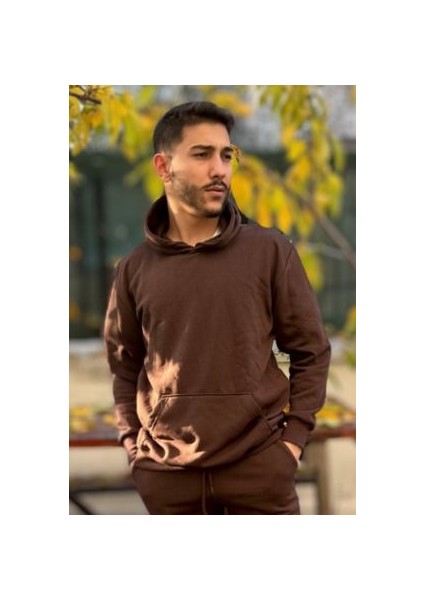 Erkek Kapşonlu Unisex Kahverengi Sweatshirt Hoodie Oversize