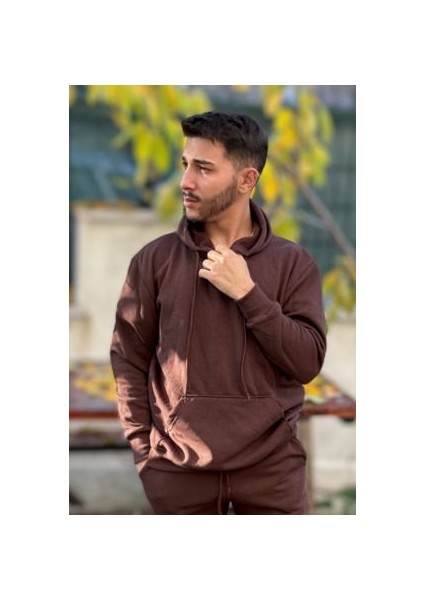Erkek Kapşonlu Unisex Kahverengi Sweatshirt Hoodie Oversize