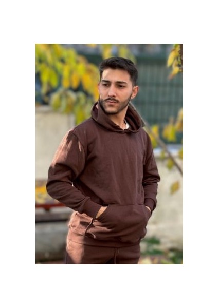 Erkek Kapşonlu Unisex Kahverengi Sweatshirt Hoodie Oversize
