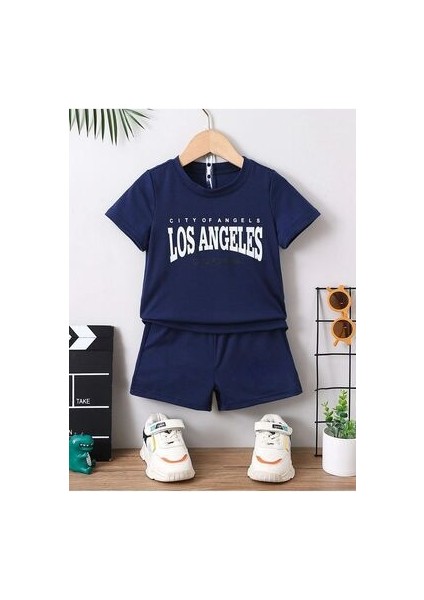 Los Angeles California Baskılı Pamuk Çocuk Lacivert Şort T-Shirt Takım - Yazlık Bisiklet Yaka