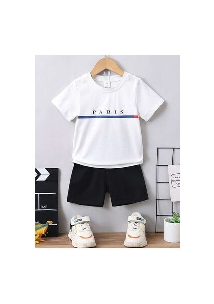 Paris Baskılı Pamuklu Çocuk Siyah Şort Beyaz T-Shirt Takım - Kız Erkek Çocuk Yazlık Bisiklet Yaka