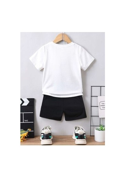 Paris Baskılı Pamuklu Çocuk Siyah Şort Beyaz T-Shirt Takım - Kız Erkek Çocuk Yazlık Bisiklet Yaka fiyatları