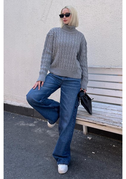 Gri Balıkçı Yaka Dokulu Kadın Kazak MG2197 fiyatları