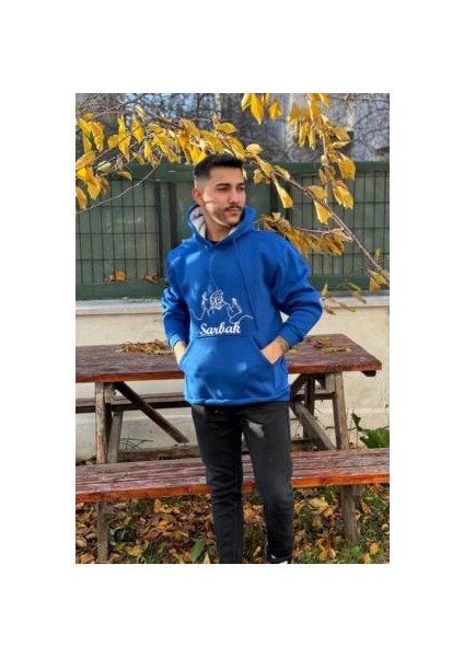 Unisex Sarbak Nakışlı Baskılı Içi Polarlı Oversize Kapüşonlu Kolej Hoodie Sweatshirt