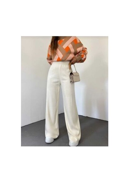 Kadın Kışlık Rahat Kalıp Bol Paça Comfort Beli Lastikli Triko Pantolon