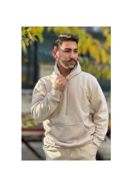 Erkek Kapşonlu Unisex Bej Sweatshirt Hoodie Oversize