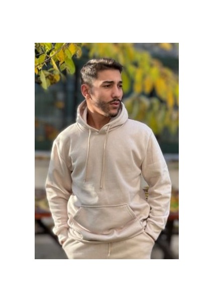 Erkek Kapşonlu Unisex Bej Sweatshirt Hoodie Oversize