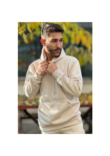Erkek Kapşonlu Unisex Bej Sweatshirt Hoodie Oversize