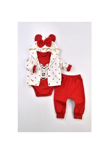Modam Bebek Mini Fare Baskılı Hırkalı Kalpli 3lü Kız Bebek Takım