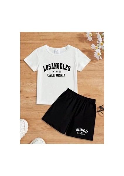 Losangeles Baskı Pamuk Çocuk Takım Beyaz T-Shirt Siyah Şort - Kız Erkek Çocuk Yazlık Bisiklet Yaka