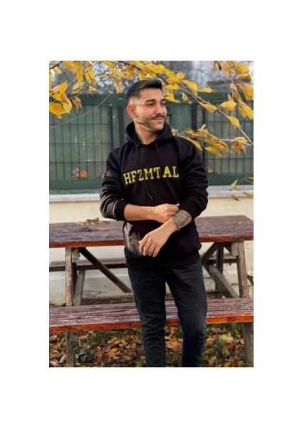 Unisex Hfzmtal Nakışlı Baskılı Içi Polarlı Oversize Kapüşonlu Kolej Hoodie Sweatshirt