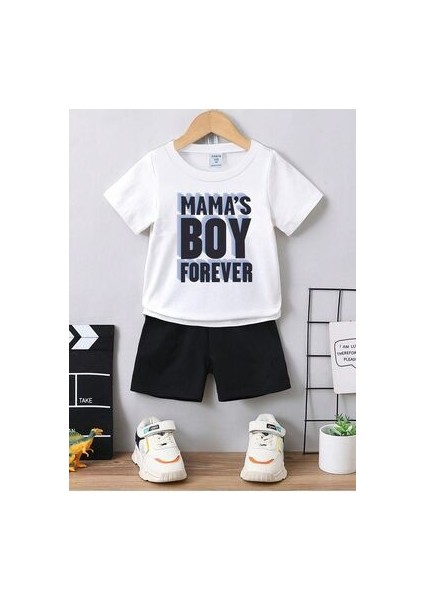 Mama's Boy Baskılı Pamuk Çocuk Takım Beyaz T-Shirt Siyah Şort - Çocuk Yazlık Bisiklet Yaka