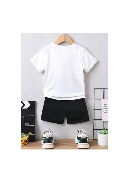 Mama's Boy Baskılı Pamuk Çocuk Takım Beyaz T-Shirt Siyah Şort - Çocuk Yazlık Bisiklet Yaka fiyatları