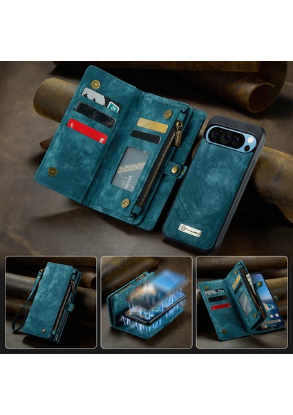 Pixel 9 Pro Xl Için Vintage Çok Fonksiyonlu Deri Flip Cüzdan Kart Yuvaları Telefon Kılıfı - Mavi (Yurt Dışından)