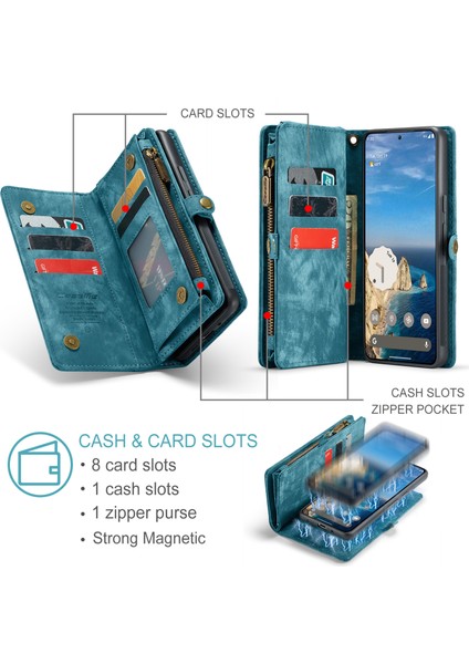 Pixel 9 Pro Xl Için Vintage Çok Fonksiyonlu Deri Flip Cüzdan Kart Yuvaları Telefon Kılıfı - Mavi (Yurt Dışından)